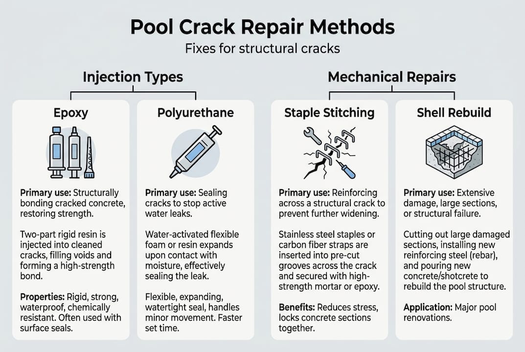 Infographic showing pool crack repair types