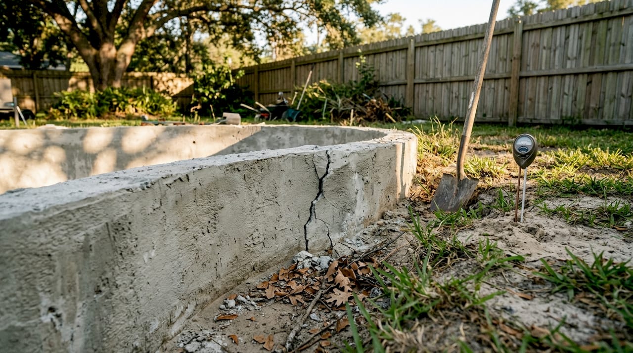 Deep concrete pool crack Florida soil
