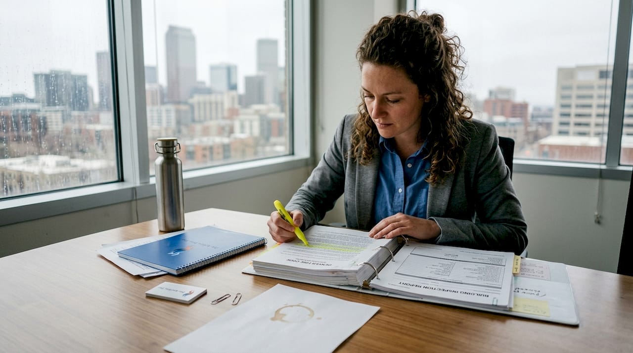 Manager reviews fire code and inspection report