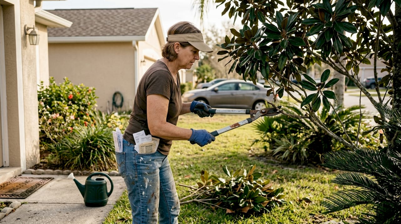 Homeowner pruning magnolia tree in winter