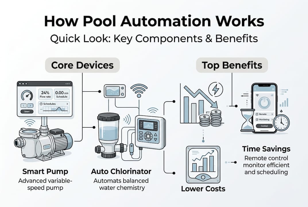 Infographic summarizing pool automation components and benefits
