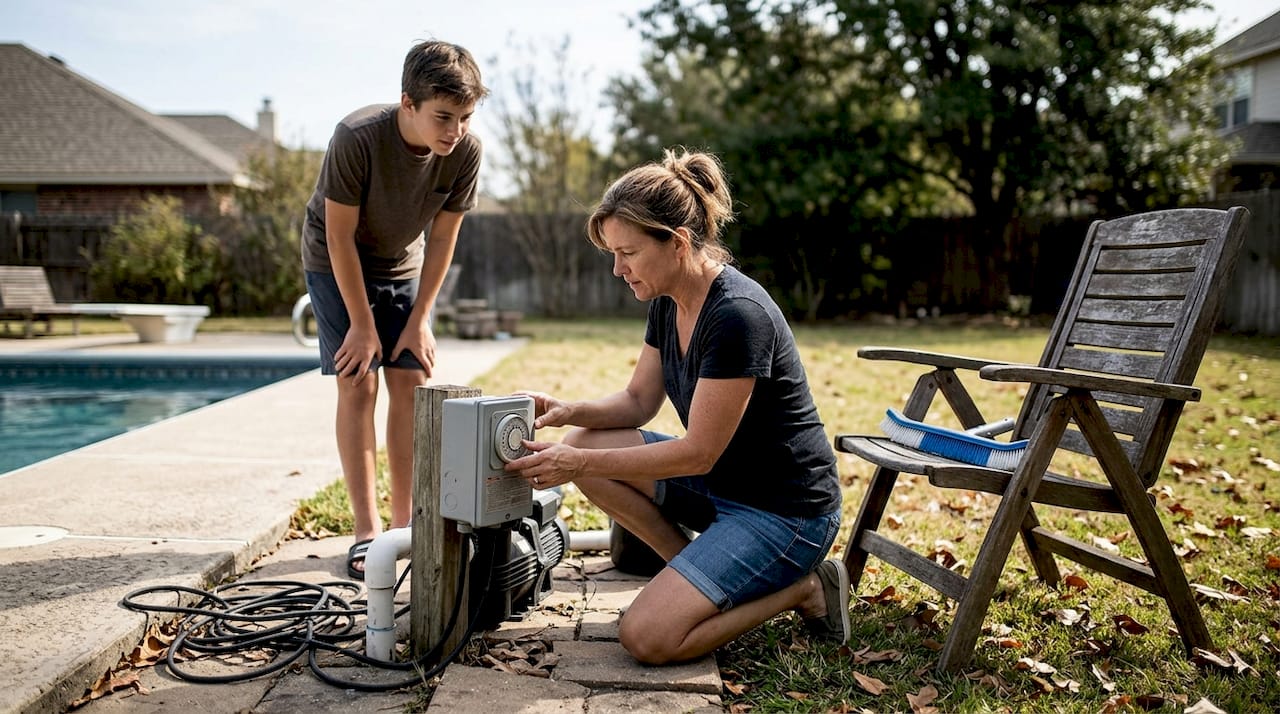 Family manually setting pool pump controls