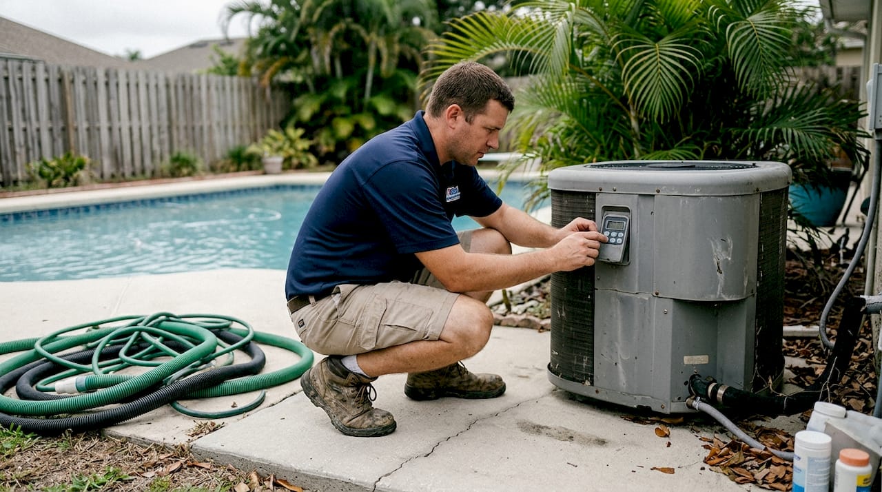 Top energy-efficient pool tips for Central Florida homes 1 Technician checking residential pool heat pump
