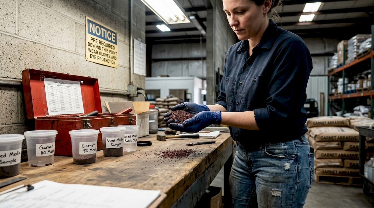 Technician examining garnet abrasive samples