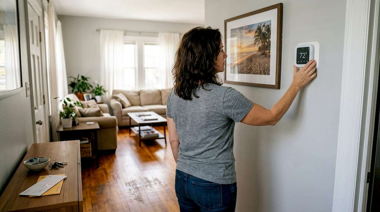 Homeowner adjusting smart thermostat in living room