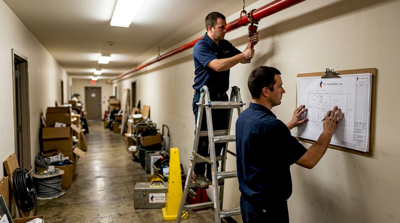 Technicians installing commercial fire sprinkler system