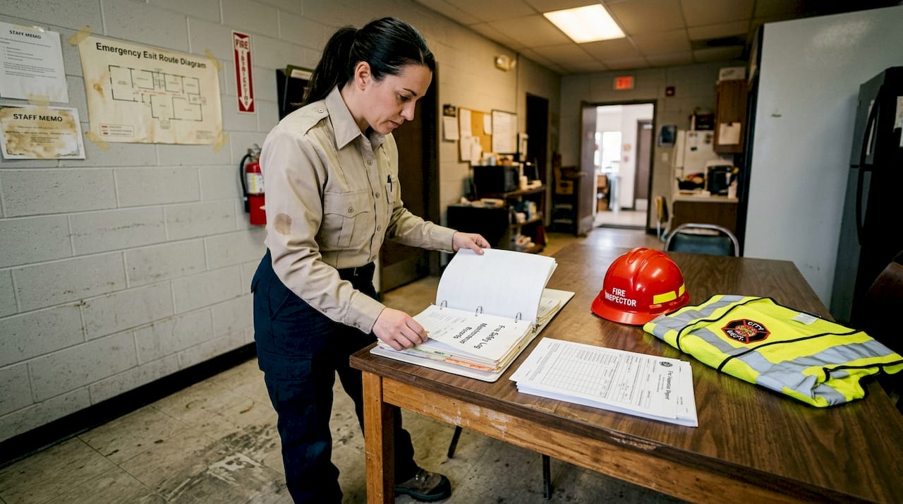 Fire inspector reviews compliance documents