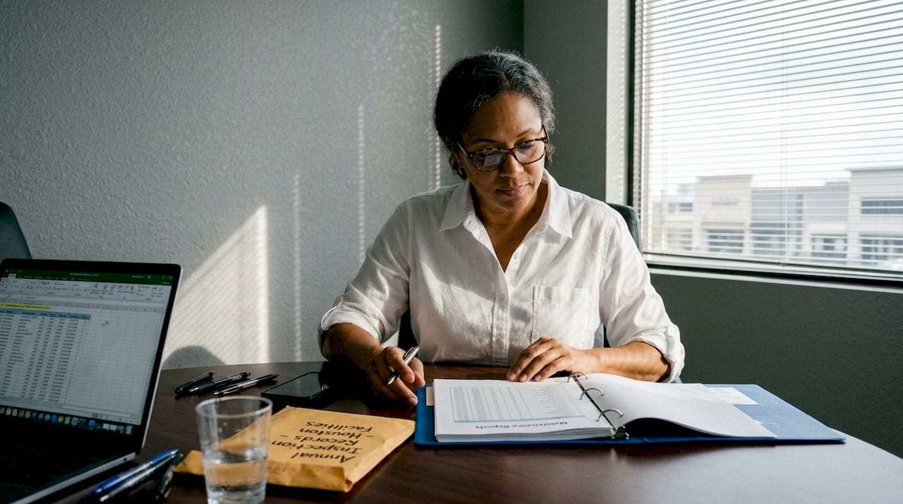 Business owner reviewing fire system records