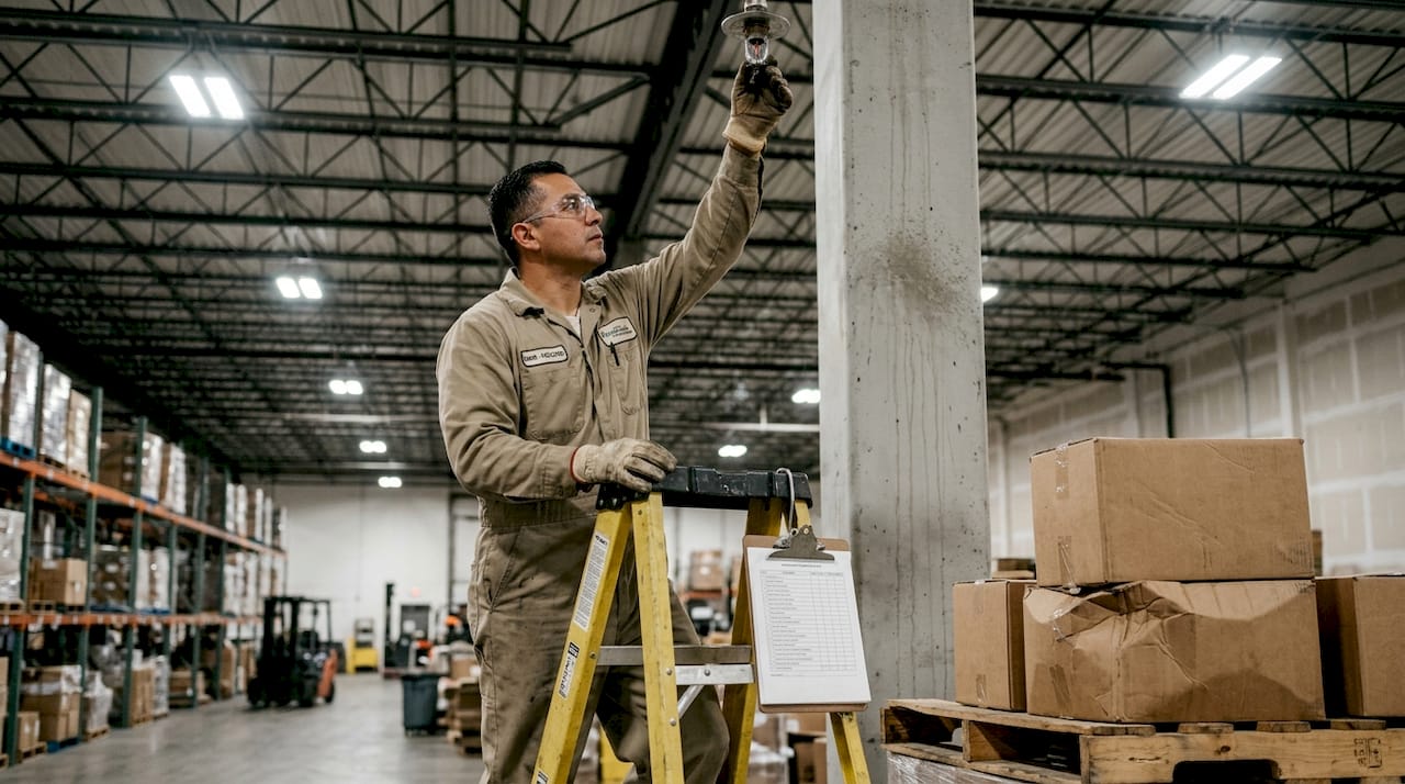 Supervisor inspecting warehouse sprinkler system
