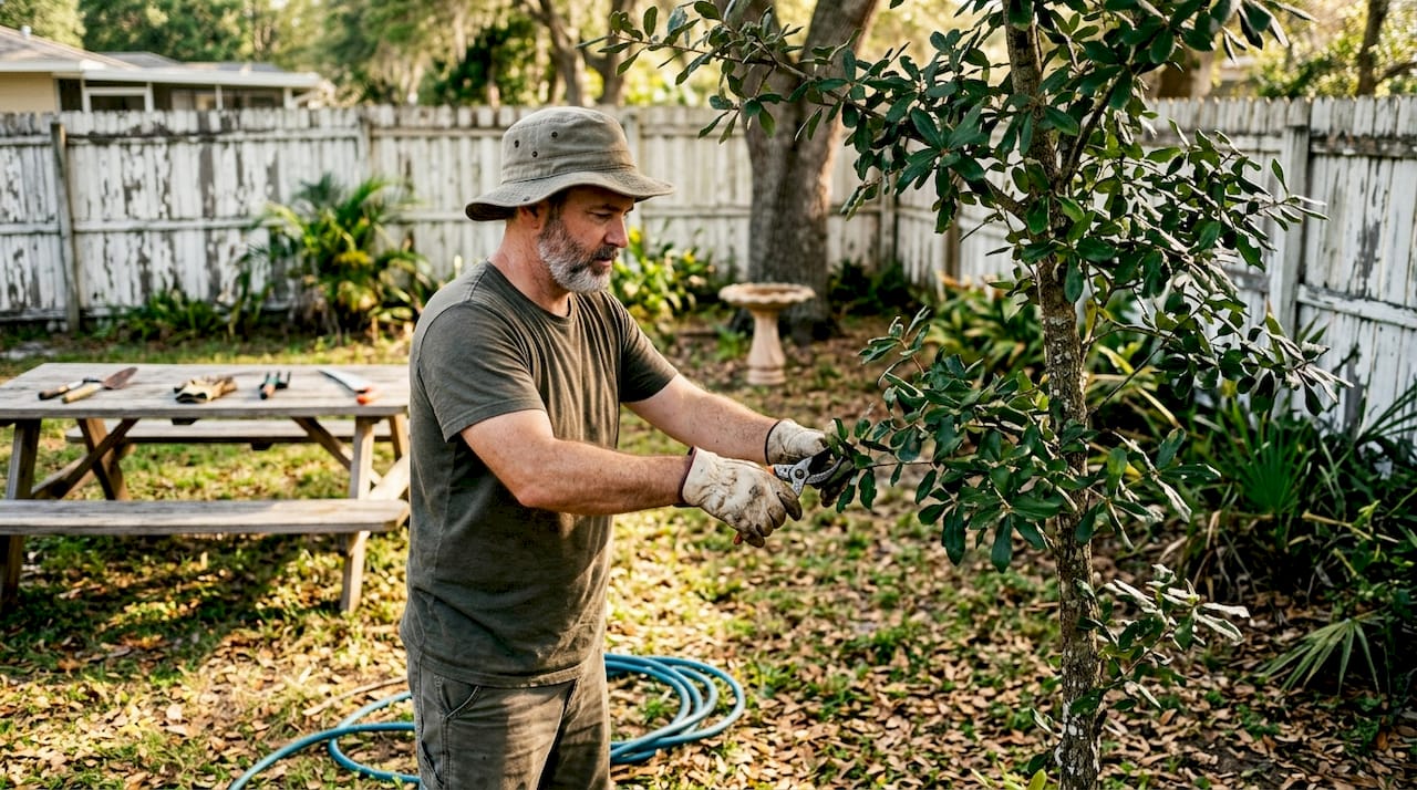 Homeowner pruning tree in Florida backyard