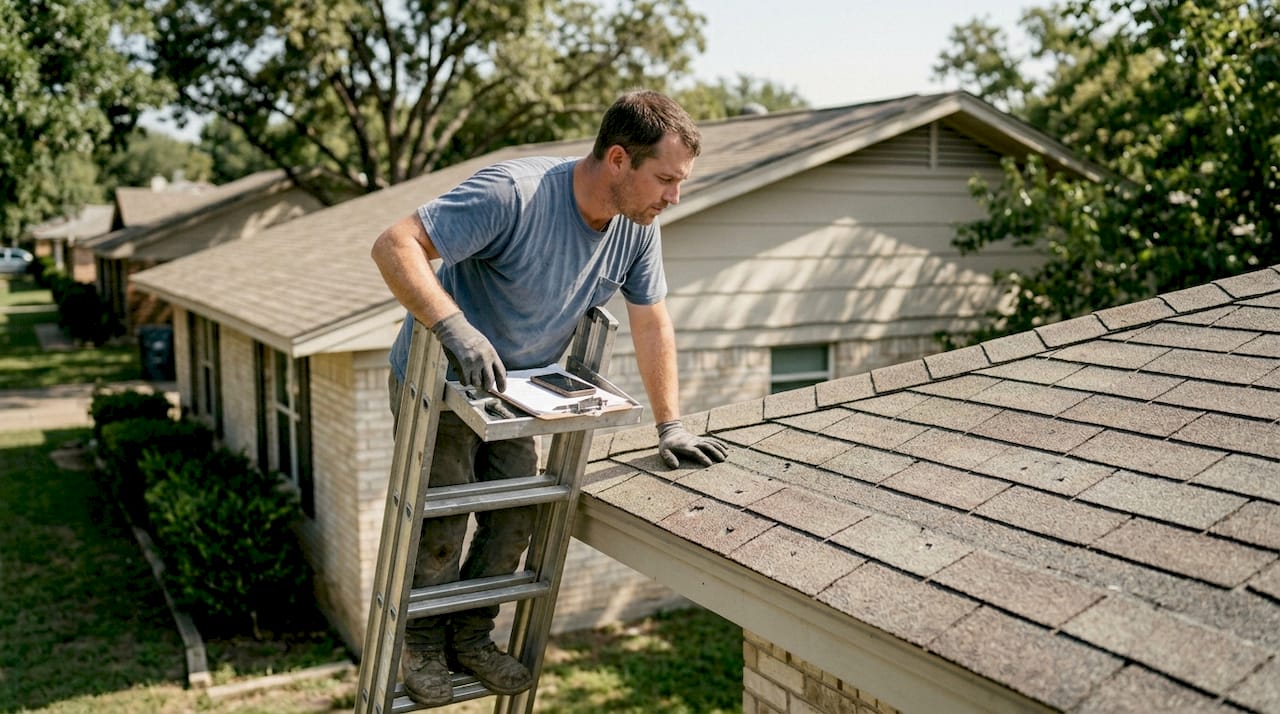 Roofer inspecting Texas storm damaged roof