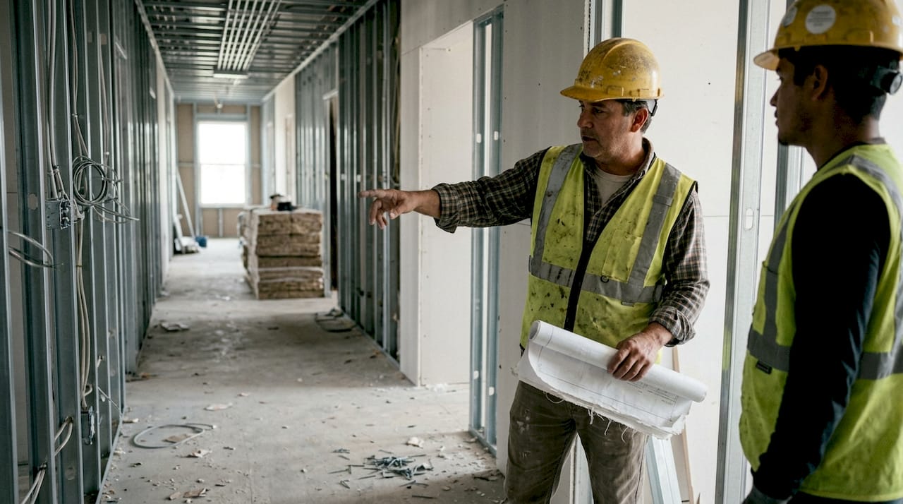 Supervisor showing fire-rated drywall installation