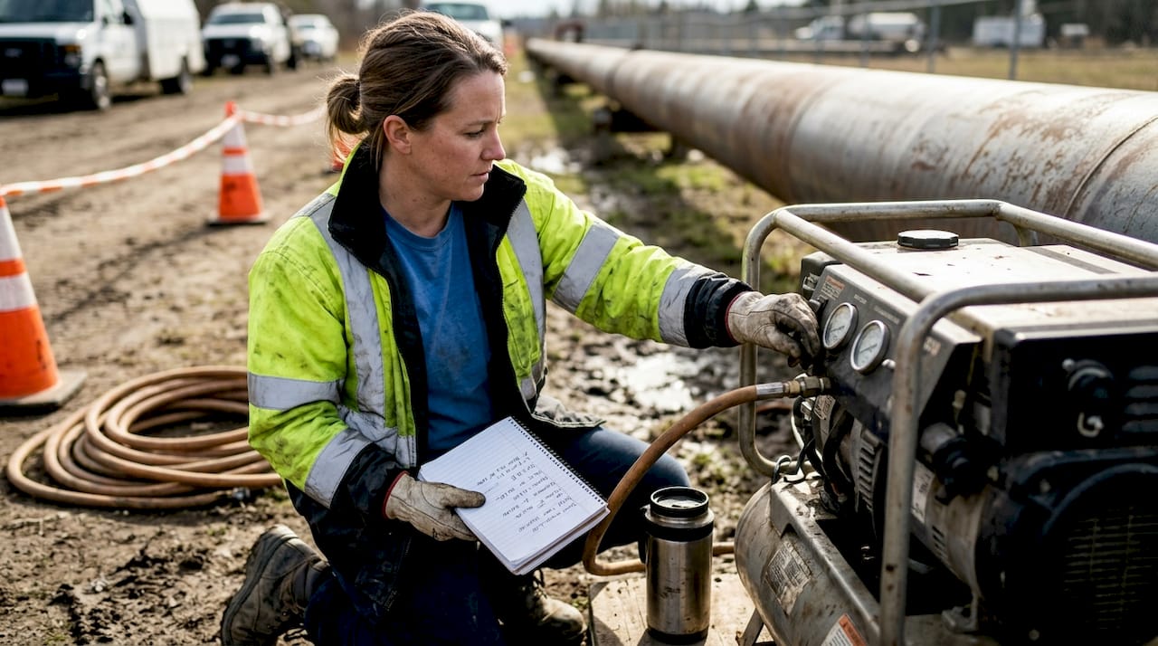 Worker checking sandblasting tools and site setup