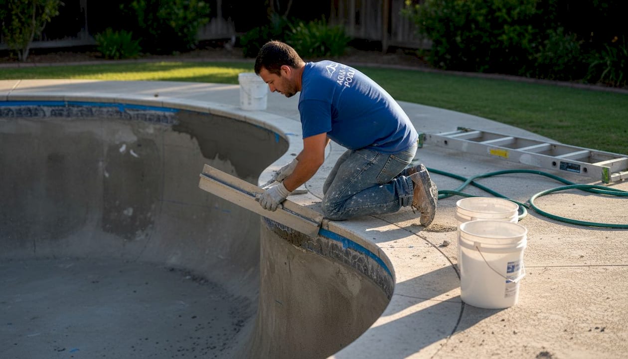 Technician smoothing new pool plaster finish