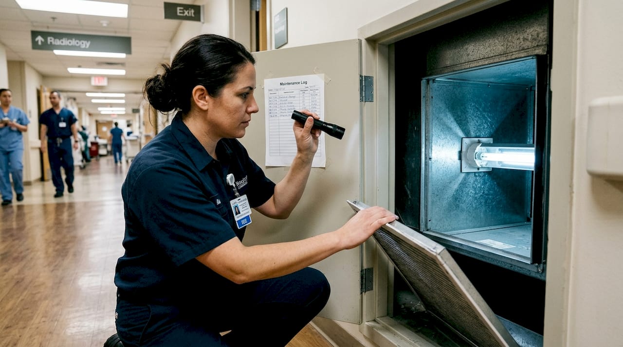 Facility manager inspects UV light in duct