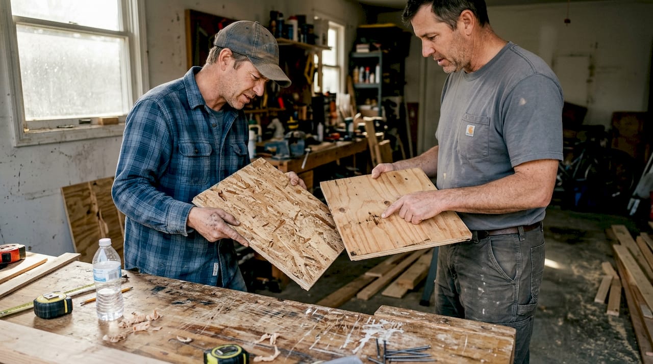 Carpenters comparing OSB and plywood roof