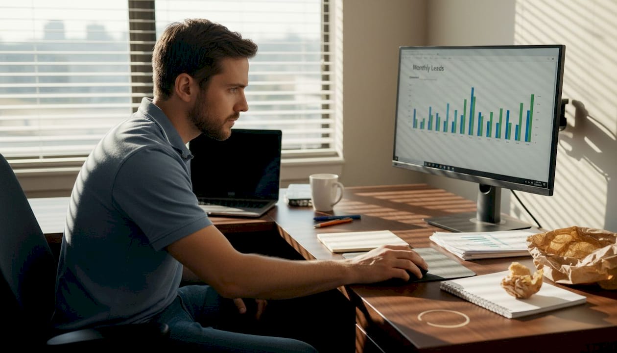 Account manager reviewing roofing metrics dashboard