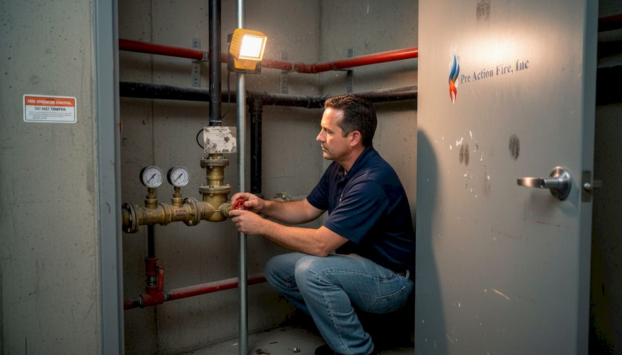 Engineer adjusts commercial sprinkler system valve