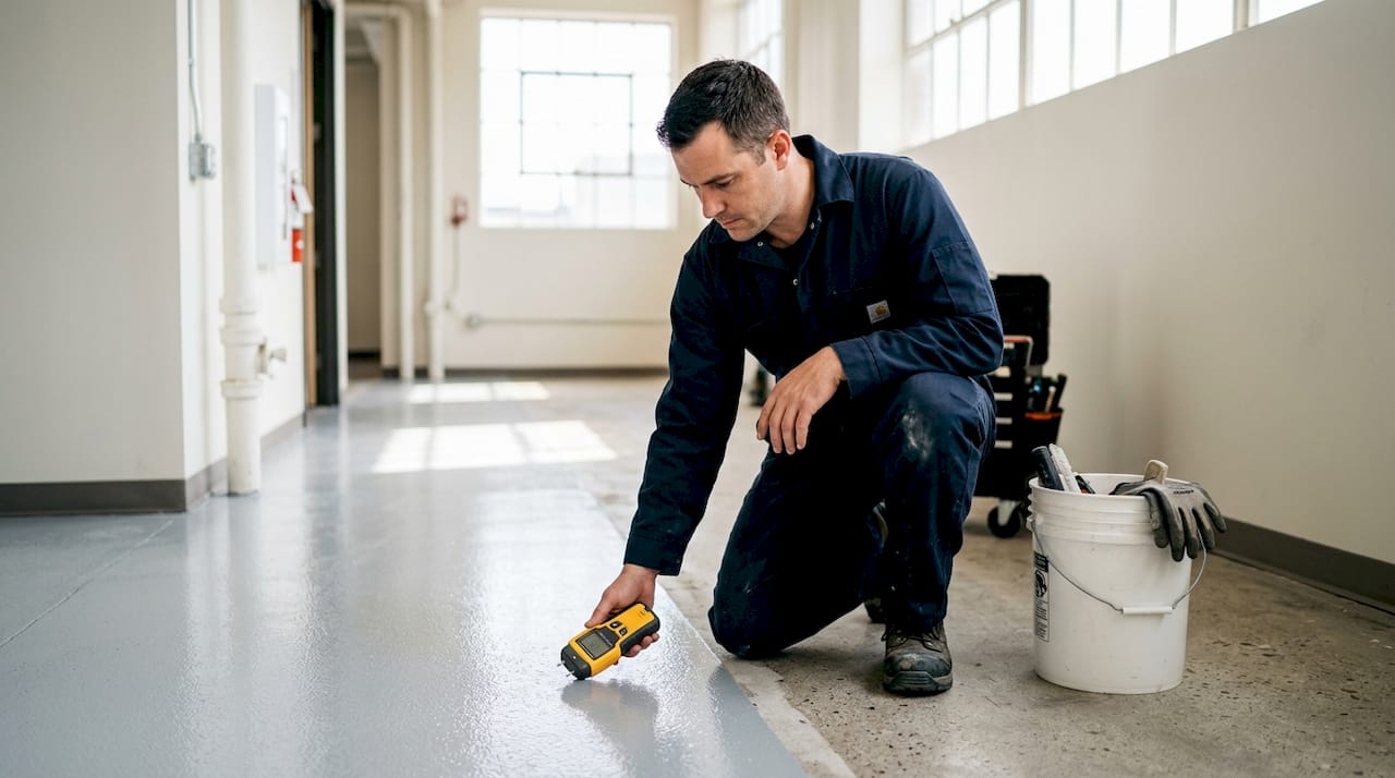 Contractor checking epoxy for moisture barrier