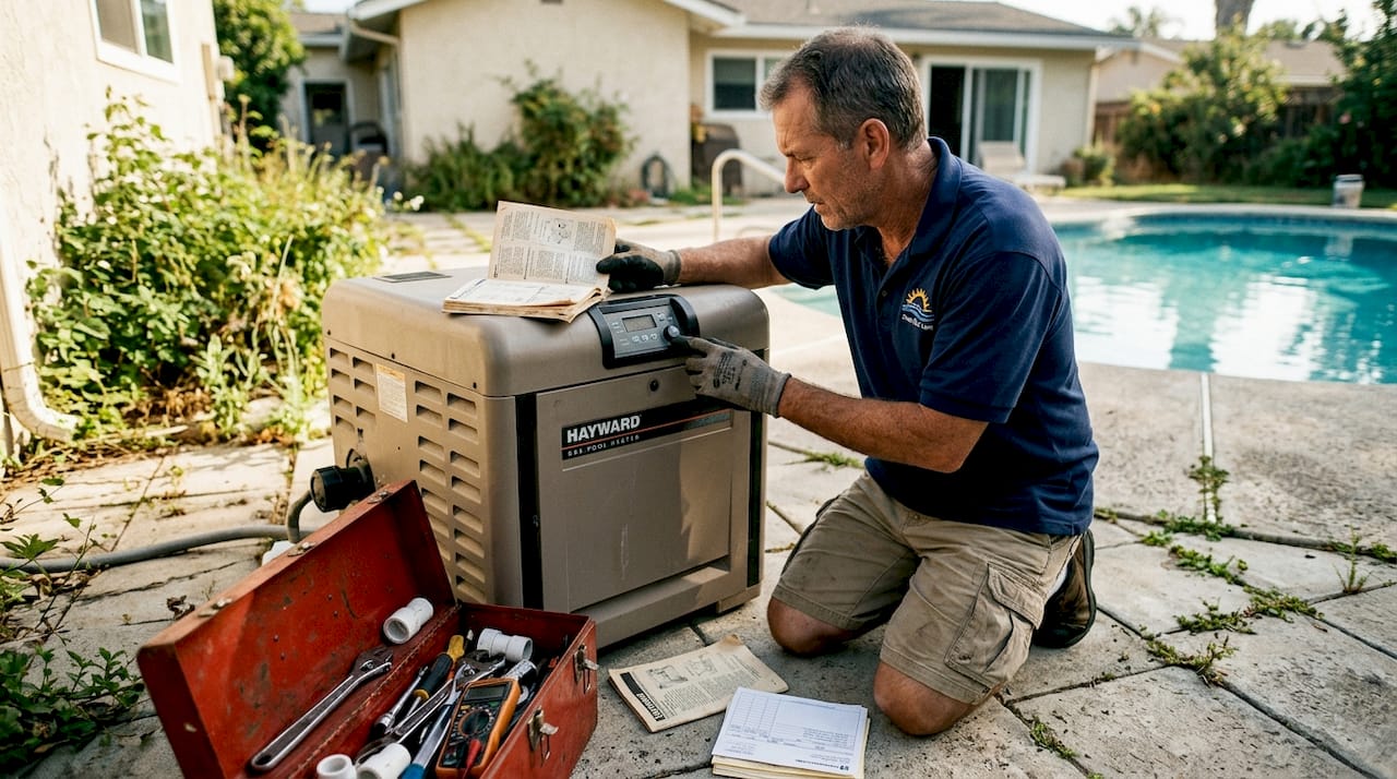 Technician maintaining residential gas pool heater