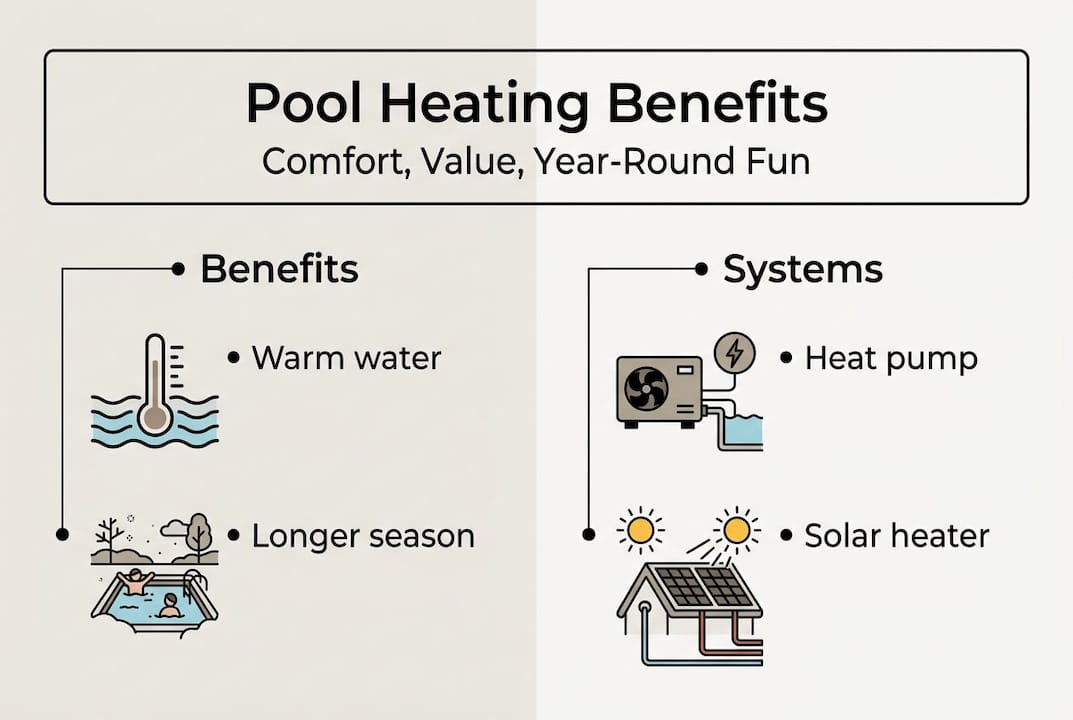 Infographic showing pool heating benefits and options