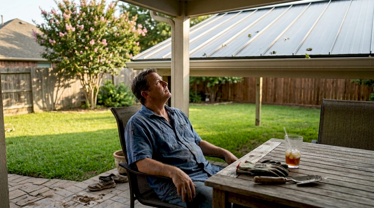 Homeowner inspecting metal roof from patio