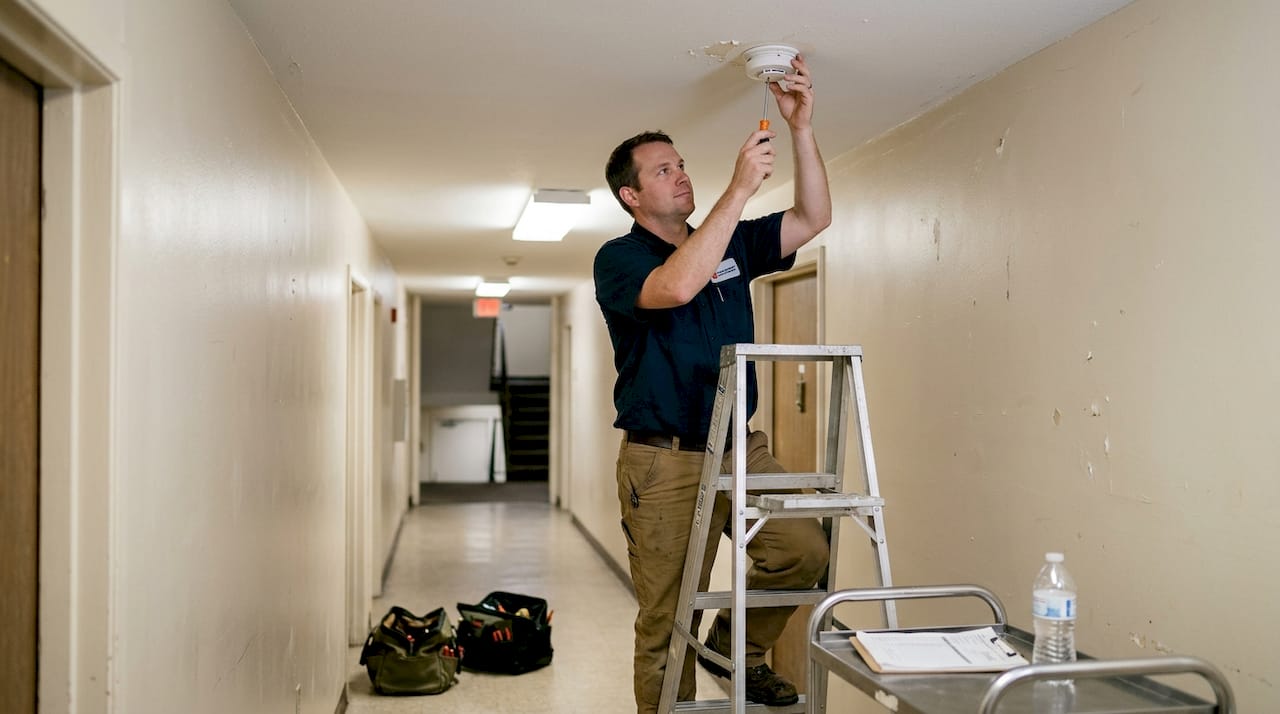 Technician installs smoke detector in apartment hallway