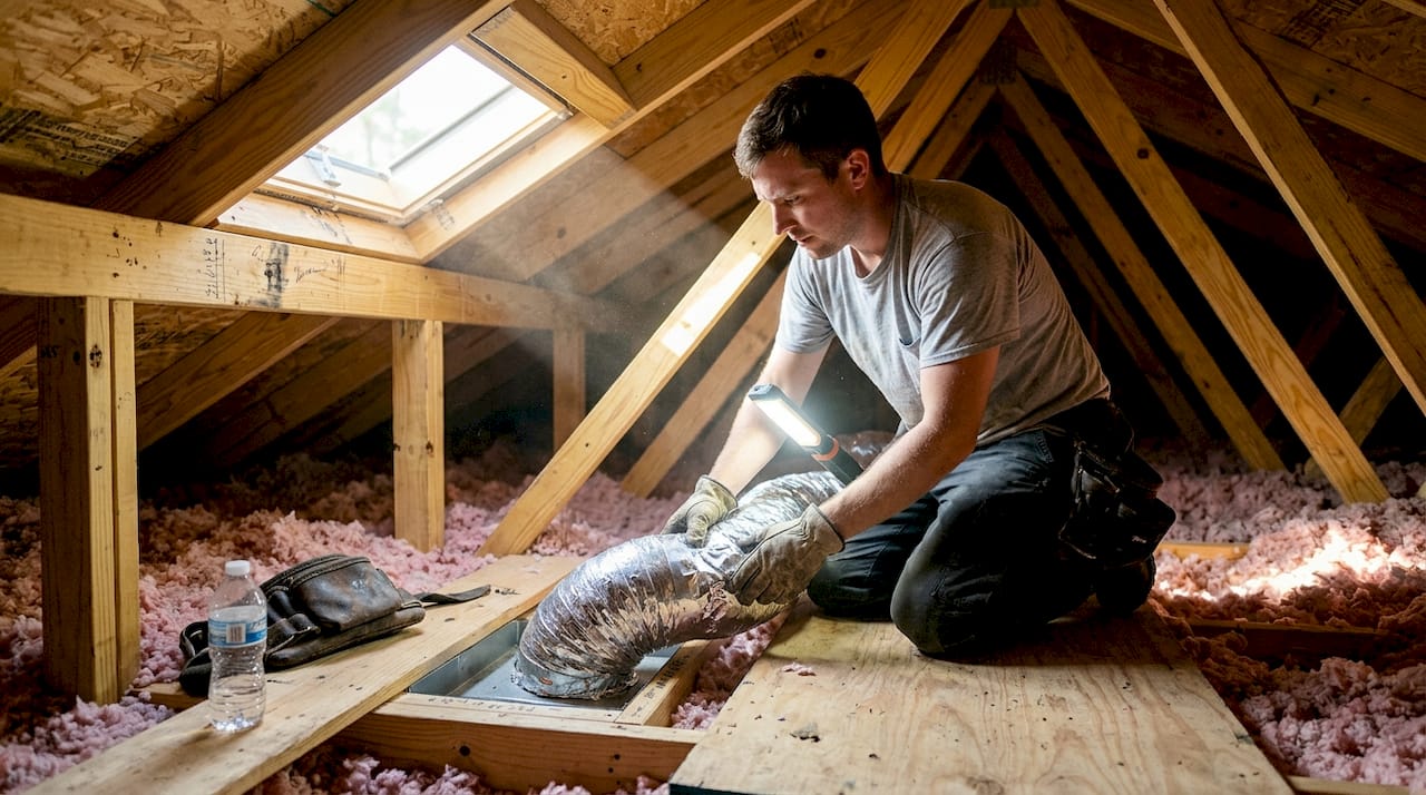 Professional adjusts attic roof vent during maintenance