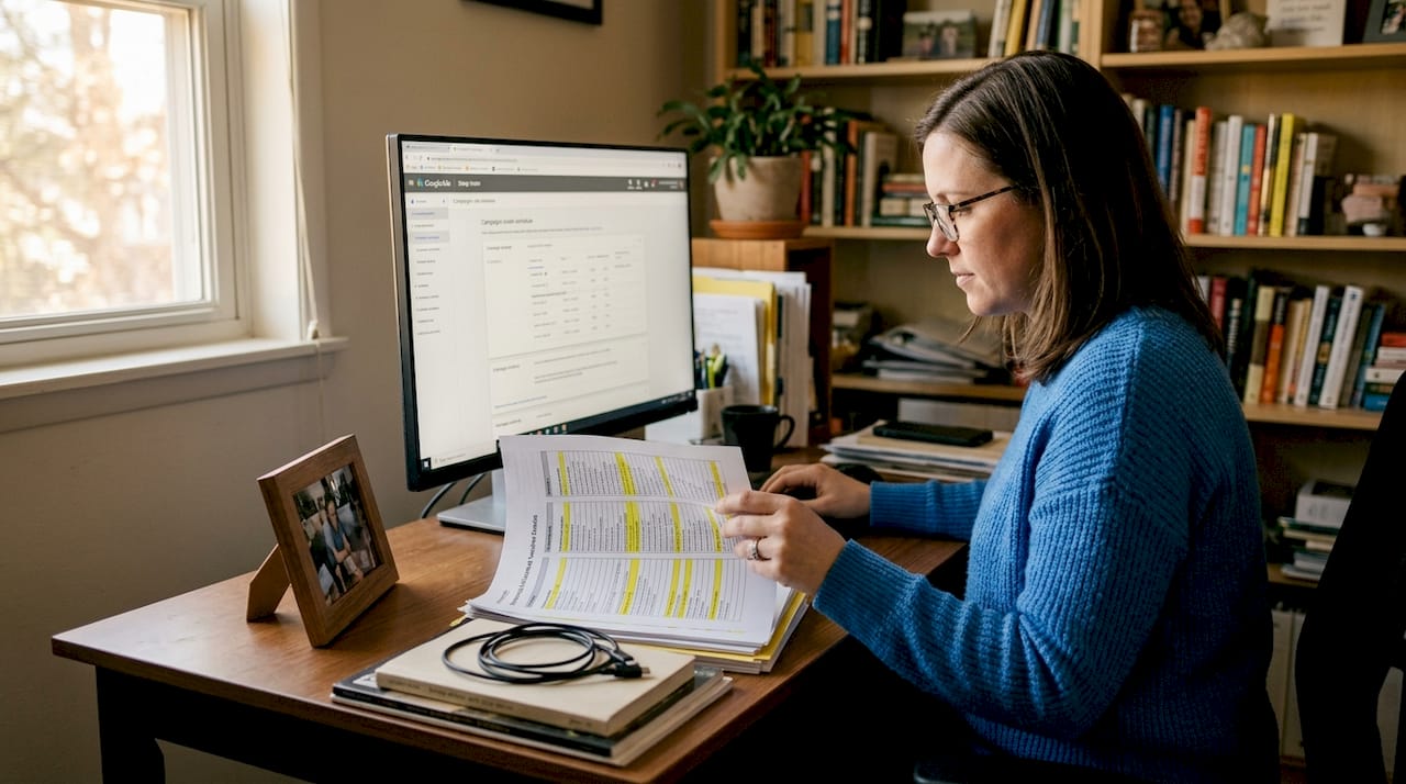 Woman planning pool service campaign in home office