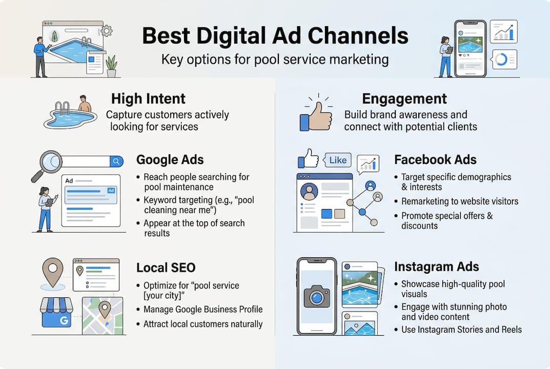 Infographic with key digital ad channels for pool service