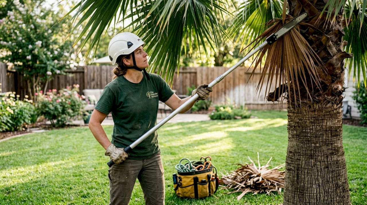 Arborist trimming palm in tidy backyard