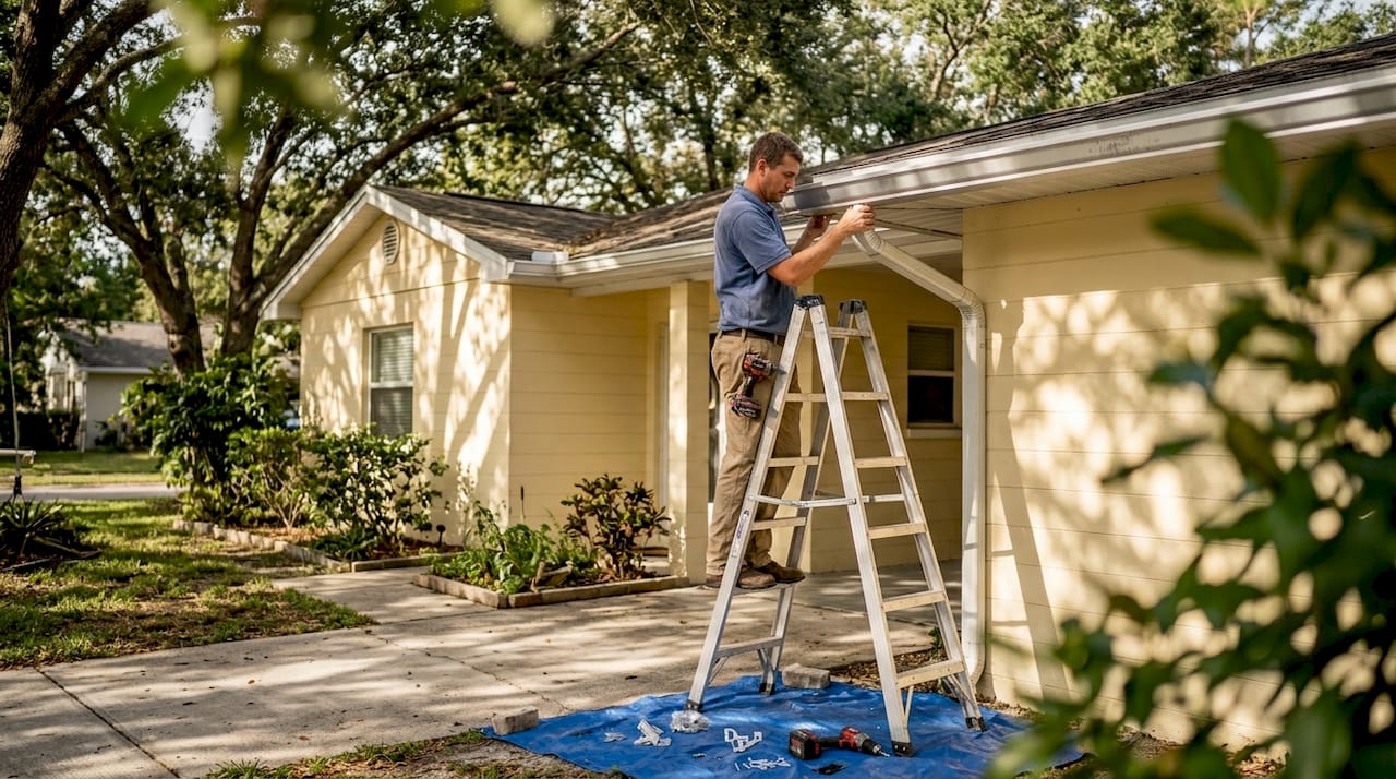 Installer fits seamless aluminum gutter Florida home