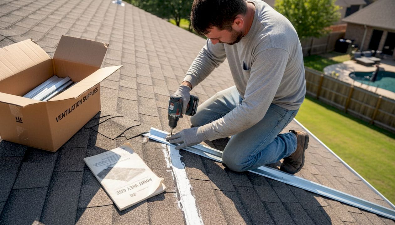 Worker installing roof ventilation on Texas home