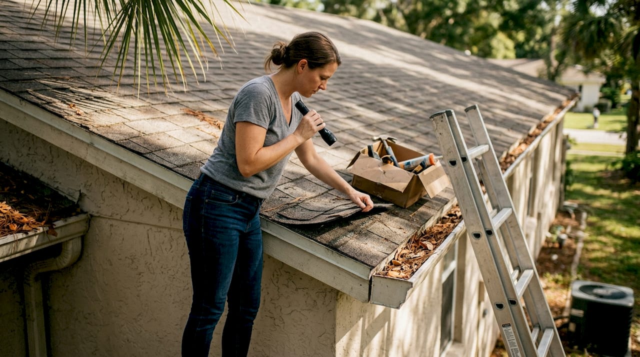 Property manager inspecting roof shingles for damage