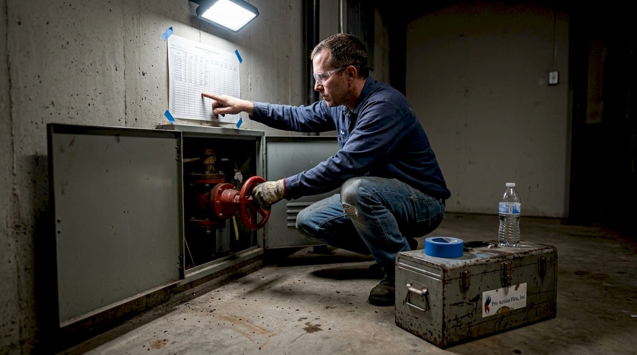 Technician checking sprinkler valve maintenance