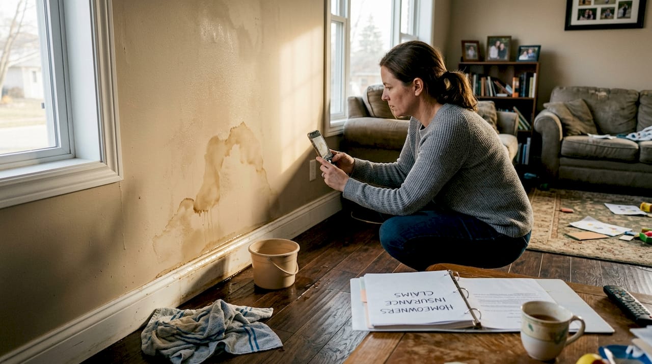 Homeowner photographs water damage in living room