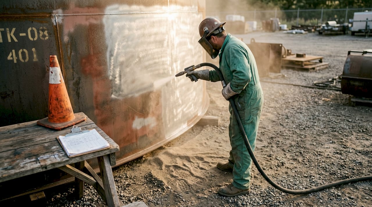 Worker sandblasting steel tank for maintenance
