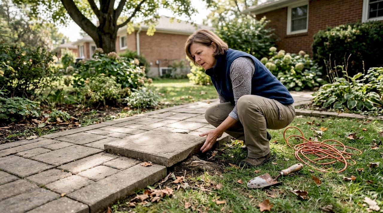 Tree root management: protect your property and trees 2 Homeowner examining walkway damage from tree roots
