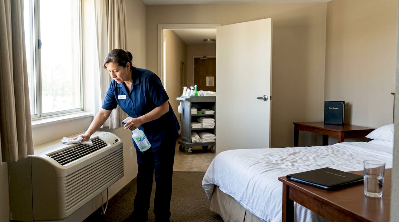 Housekeeper cleaning PTAC unit in guest room