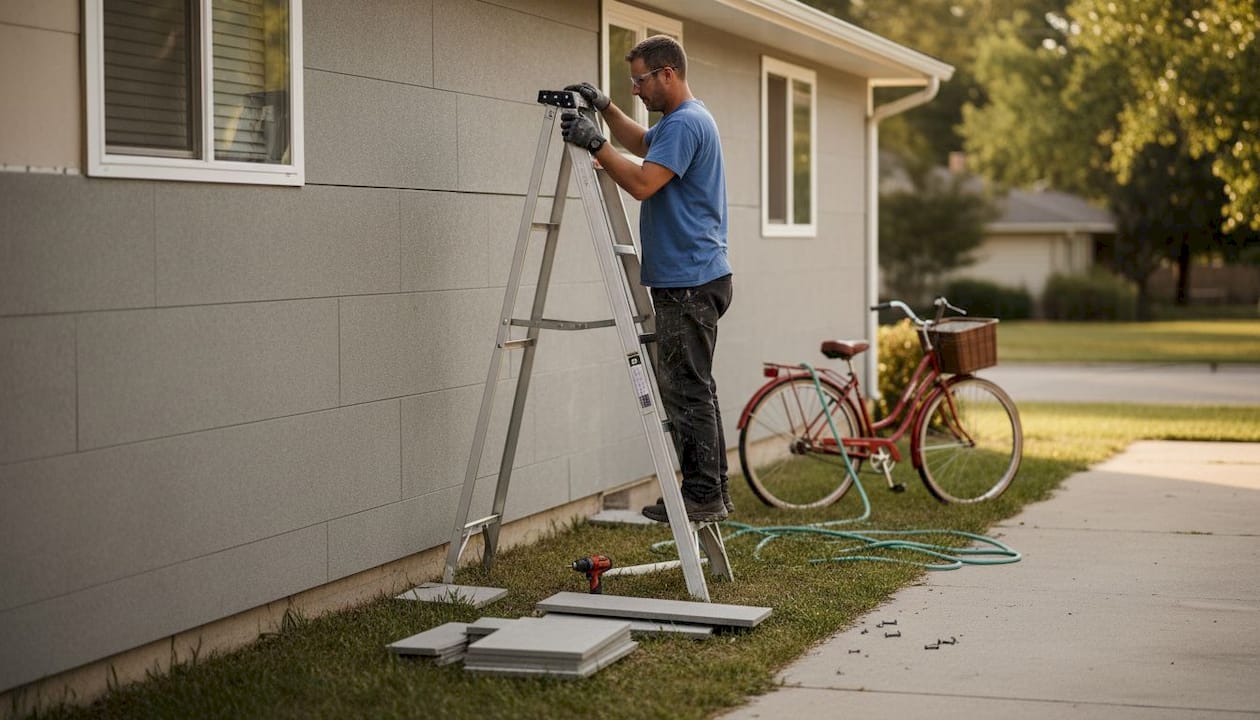 Installer places durable siding on home exterior