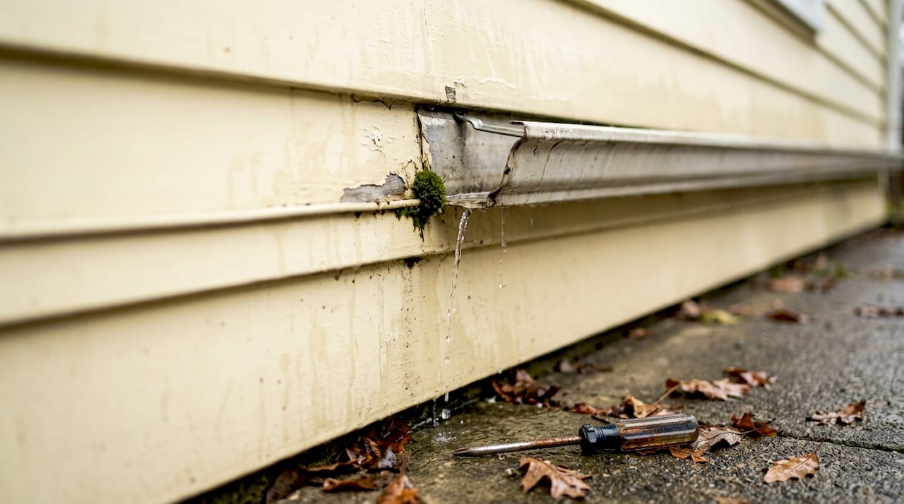 Leaking gutter seam showing water overflow problem