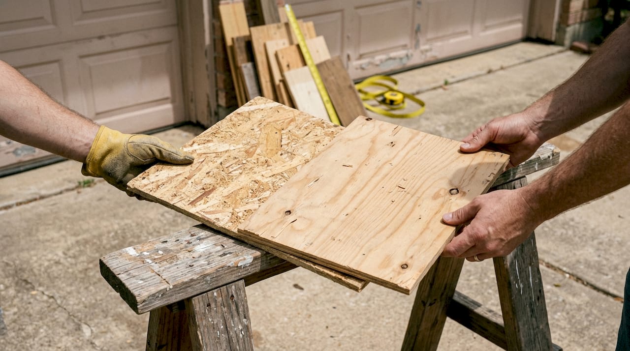 Hands comparing OSB and plywood panels