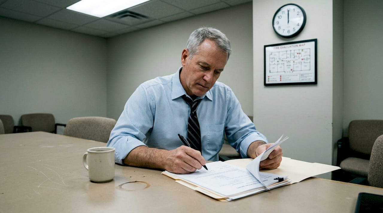 Insurance agent examines fire inspection reports