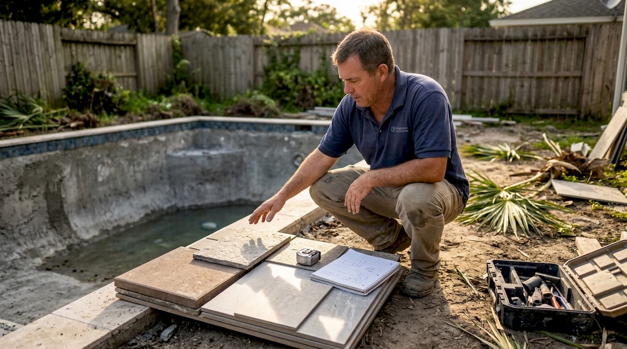 Contractor compares pool decking sample materials