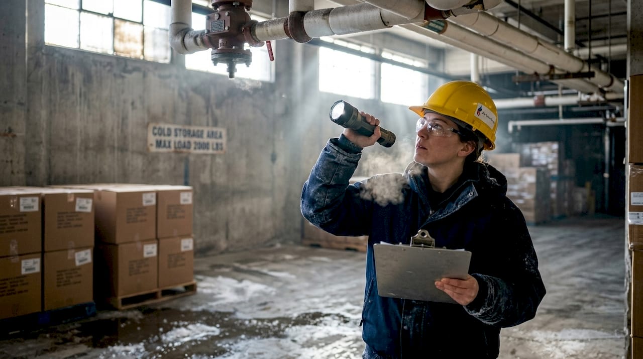 Inspector checking cold storage sprinkler system