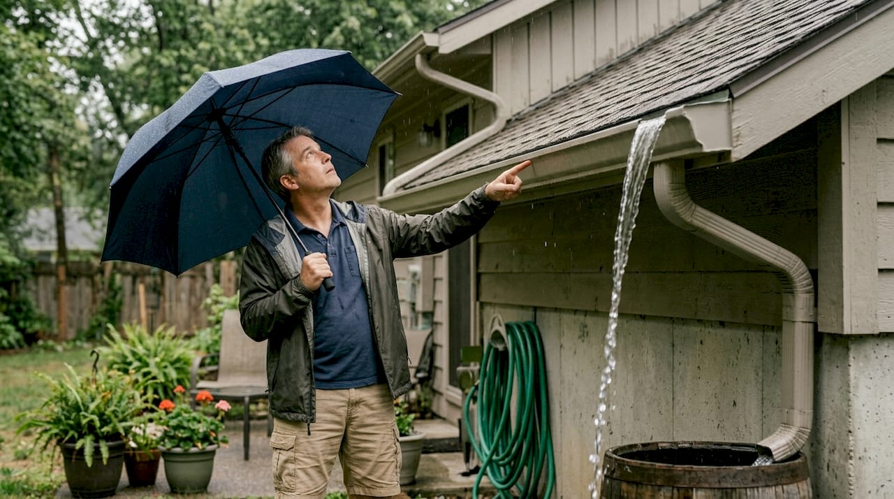 Homeowner observing roof water drainage