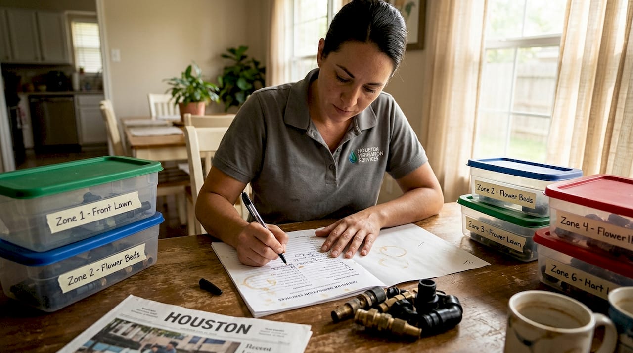 Technician updates sprinkler maintenance records