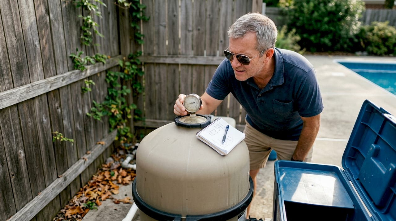 Man checking outdoor pool filter pressure gauge