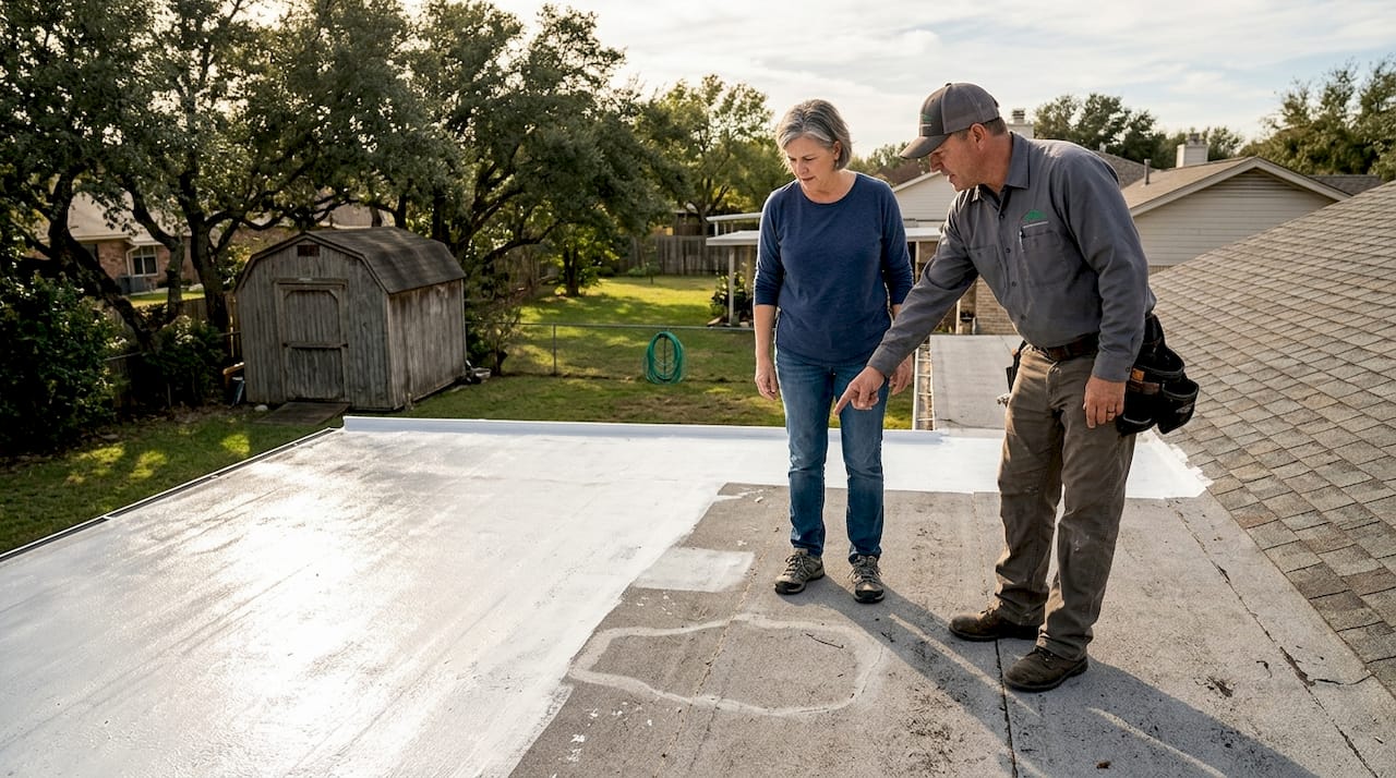 Homeowner and contractor reviewing silicone coating