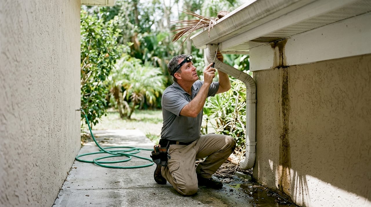 Worker inspects damaged gutter connection